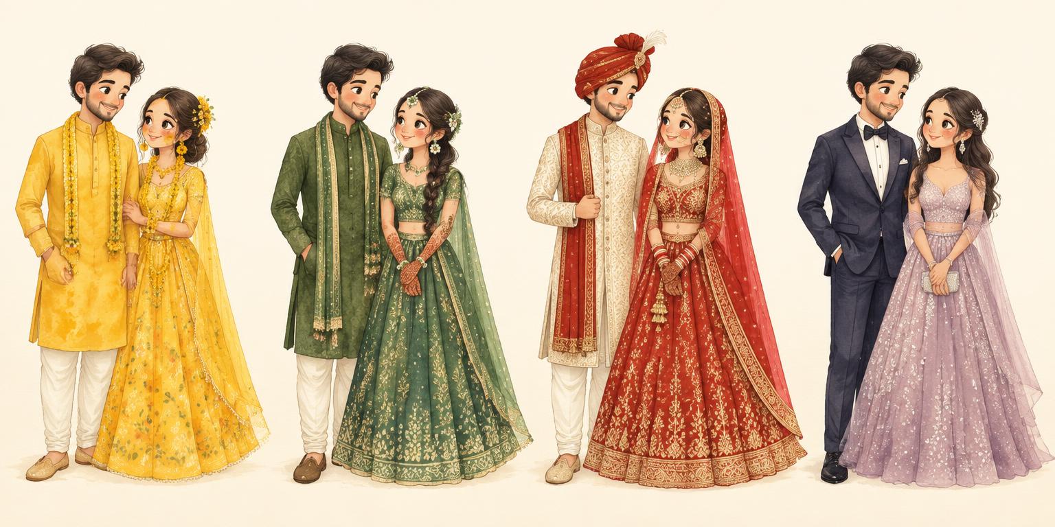 Illustrated couple in haldi, mehendi, wedding and reception outfits